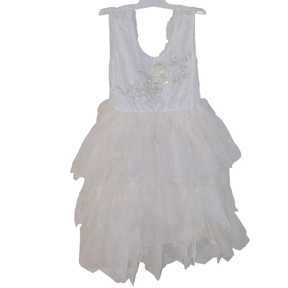 Think Pink Boutique Girls Ivory Lace Tulle Tiered Flower Girl Dress Size 8 NWT